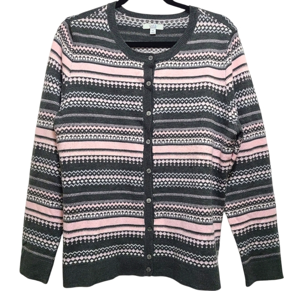 Croft & Barrow Pink Gray Striped button Cardigan size Medium
